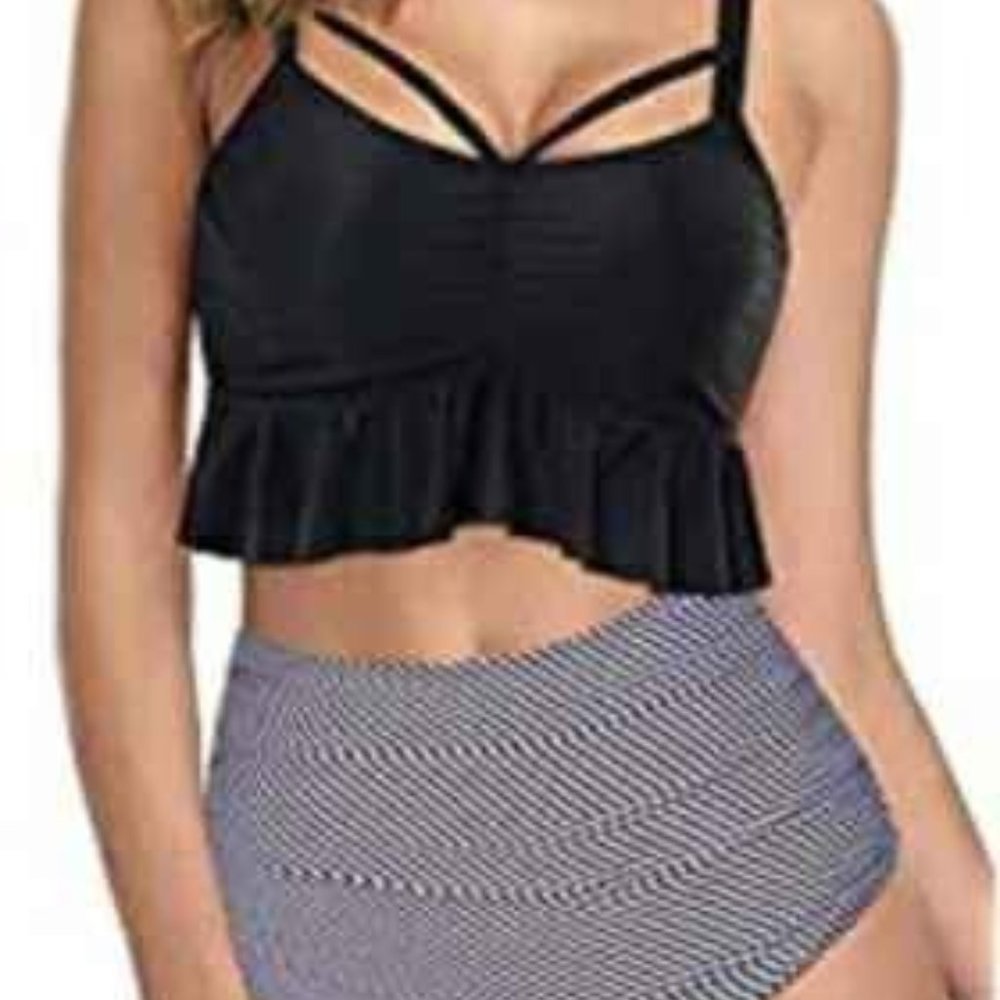 Women's S High Waisted Bikini 2pc Set NEW IN PKG Size SMALL Black & Striped
